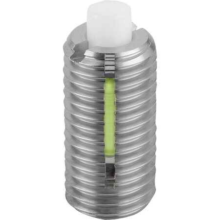 Kipp Spring Plunger Standard Spring Force D=M12 L=28 Stainless Steel, Flat, Long-Lok, Comp:Pin Pom, Pu=5 K1382.12